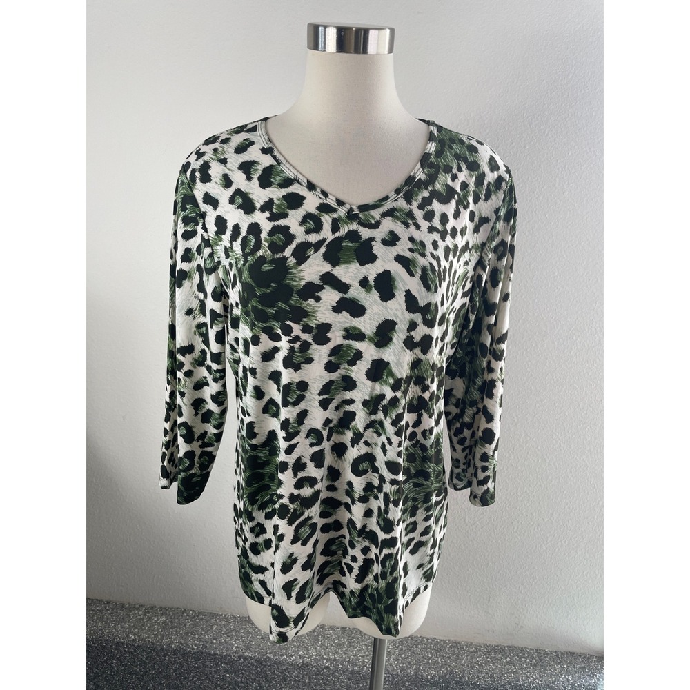 Susan Graver Womens Large Liquid Knit Animal Print Top Olive Green Cream Shirt